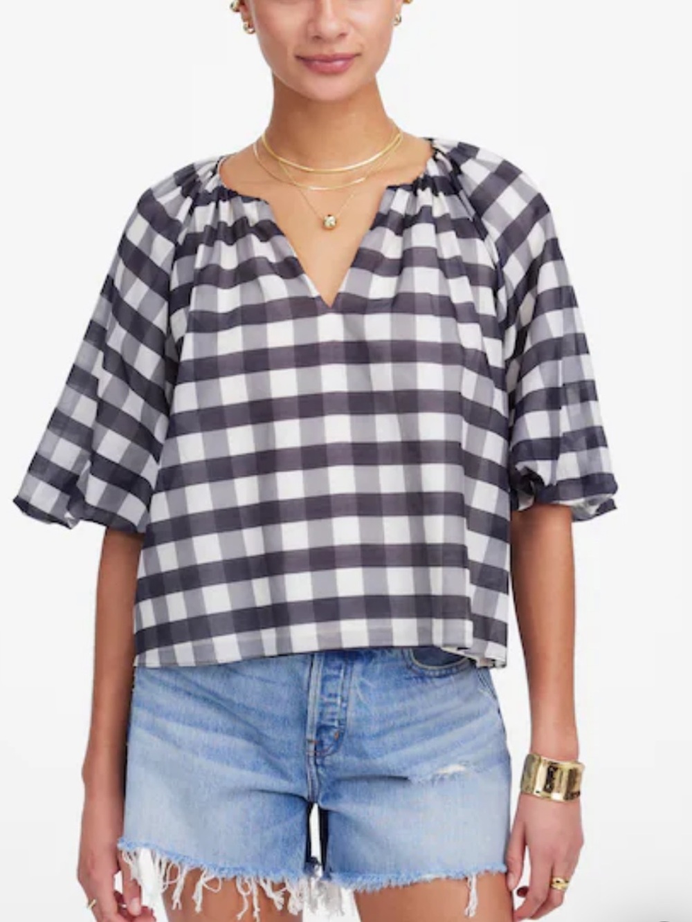 Madewell Black & White Gingham Puff sleeve  V-Neck Top